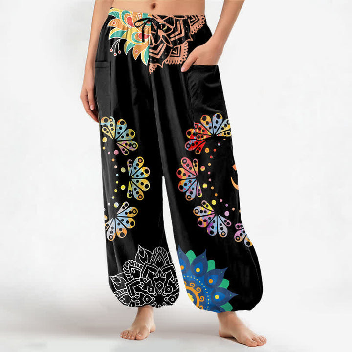 Buddha Stones Baumwoll-Haremshose mit Mandala-Lotus-OM-Muster, elastischem Bund und Seitentaschen - Schwarz - US16, UK/AU20, EU48 (3XL) - image 0