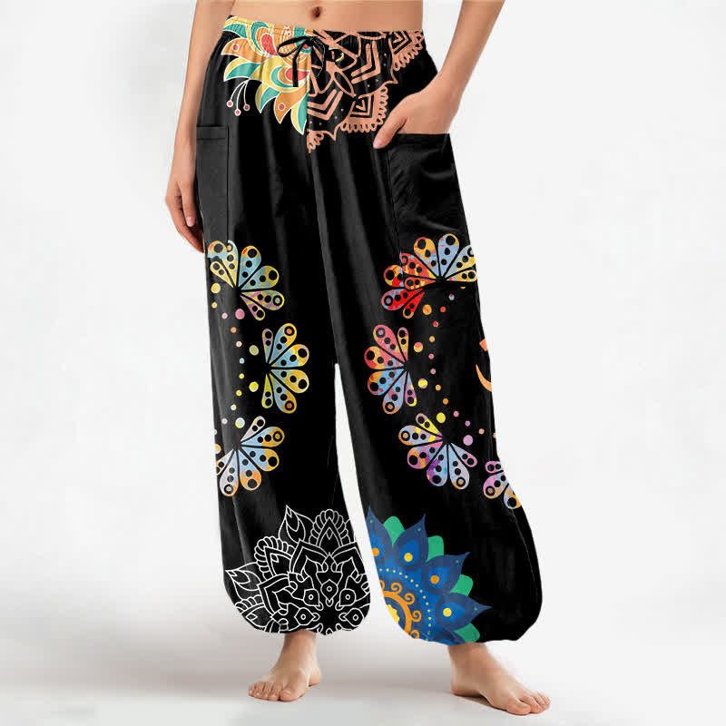 Buddha Stones Baumwoll-Haremshose mit Mandala-Lotus-OM-Muster, elastischem Bund und Seitentaschen - Schwarz - US16, UK/AU20, EU48 (3XL) - image 0
