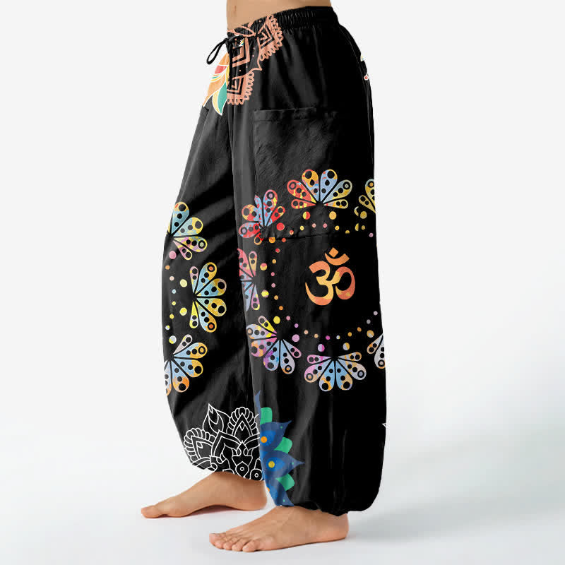 Buddha Stones Baumwoll-Haremshose mit Mandala-Lotus-OM-Muster, elastischem Bund und Seitentaschen - image 1