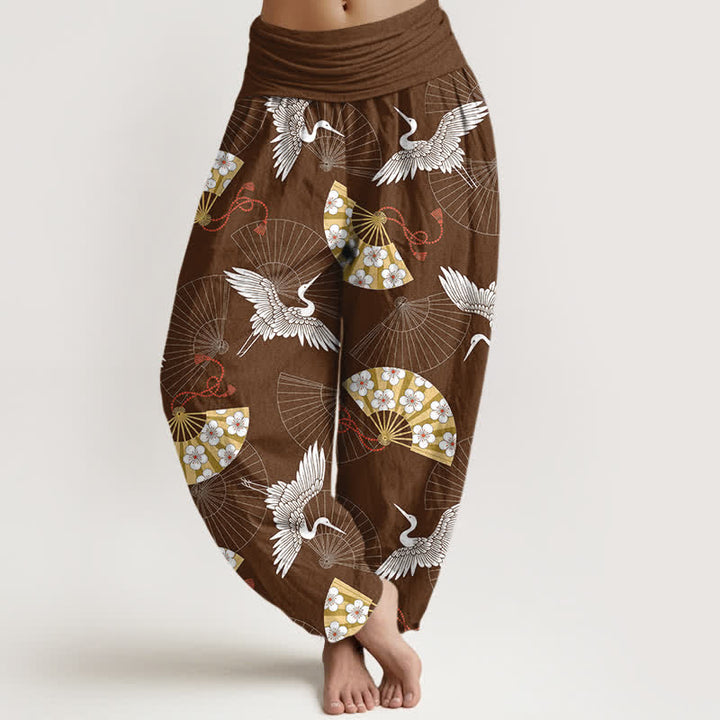 Buddha Stones Baumwoll-Haremshose mit orientalischem Kranichfächermuster und elastischem Bund für Damen - Sattelbraun - US16, UK/AU20, EU48 (3XL) - image 8