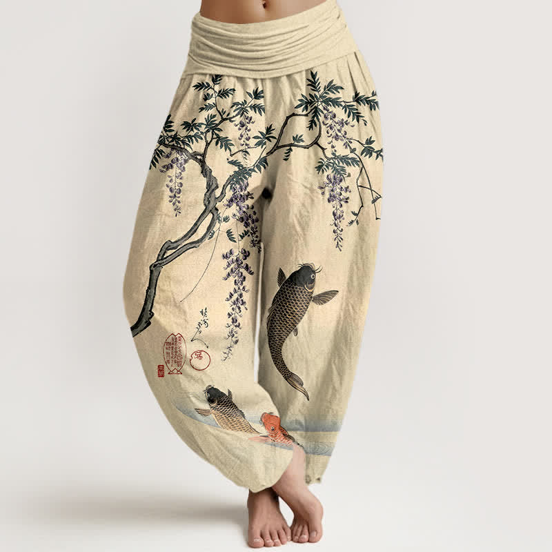 Buddha Stones Baumwoll-Haremshose mit Koi- und Glyzinienmuster, Damen, elastischer Bund - Zitronen-Chiffon - US16, UK/AU20, EU48 (3XL) - image 0