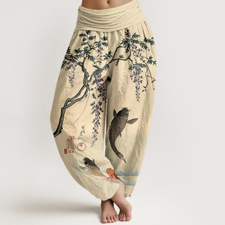 Buddha Stones Baumwoll-Haremshose mit Koi- und Glyzinienmuster, Damen, elastischer Bund - Zitronen-Chiffon - US16, UK/AU20, EU48 (3XL) - image 0
