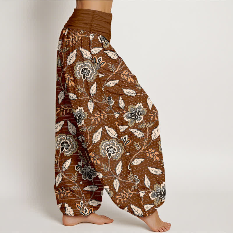 Buddha Stones Baumwoll-Haremshose mit Vintage-Blumenrankenmuster und elastischem Bund für Damen - image 1