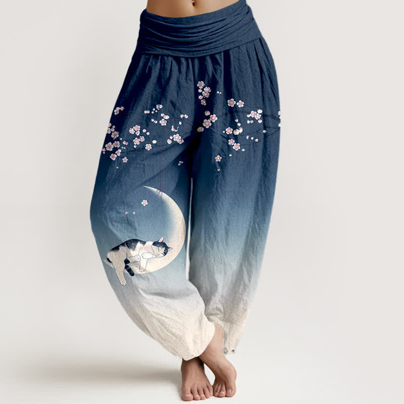 Buddha Stones Haremshose aus Baumwolle mit Sakura-Mondkatzenmuster und elastischem Bund für Damen - Marine - US16, UK/AU20, EU48 (3XL) - image 0