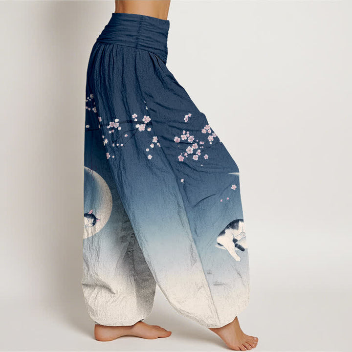 Buddha Stones Haremshose aus Baumwolle mit Sakura-Mondkatzenmuster und elastischem Bund für Damen - image 1