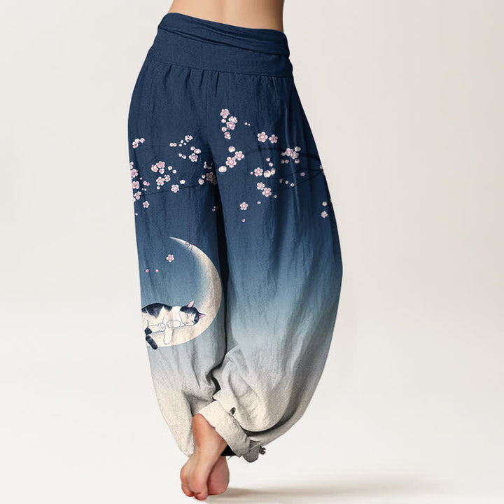 Buddha Stones Haremshose aus Baumwolle mit Sakura-Mondkatzenmuster und elastischem Bund für Damen - image 2