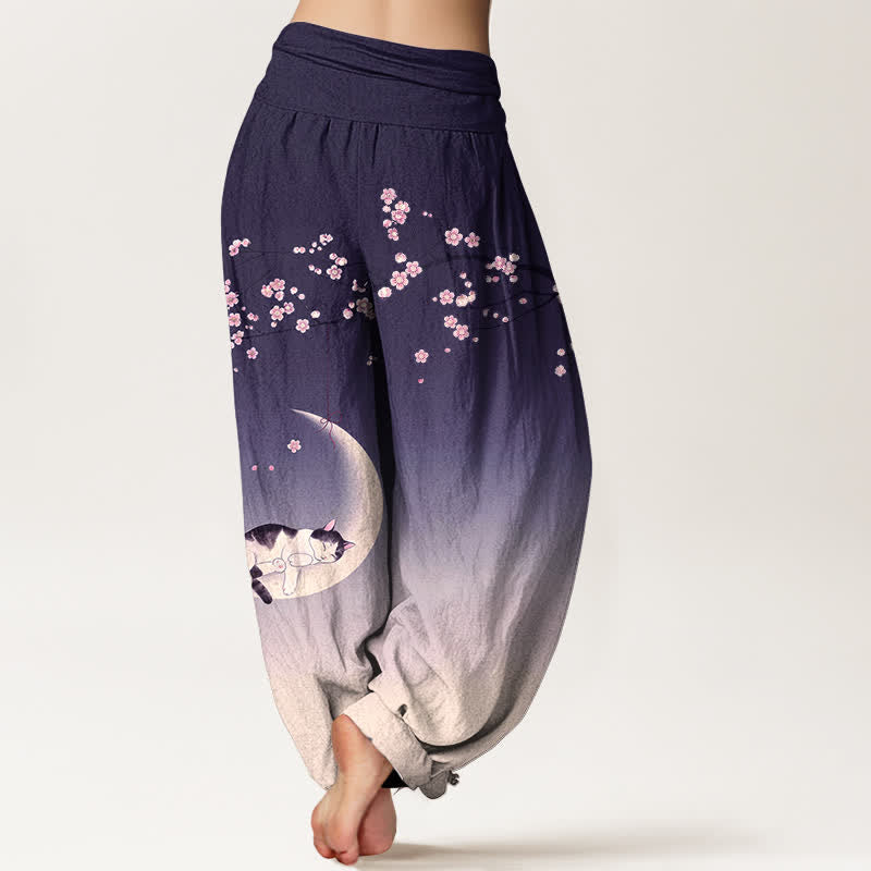 Buddha Stones Haremshose aus Baumwolle mit Sakura-Mondkatzenmuster und elastischem Bund für Damen - image 7