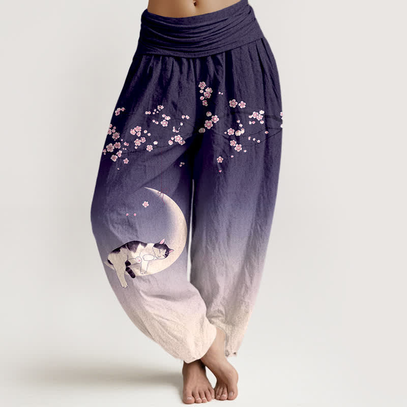 Buddha Stones Haremshose aus Baumwolle mit Sakura-Mondkatzenmuster und elastischem Bund für Damen - Indigo - US16, UK/AU20, EU48 (3XL) - image 5