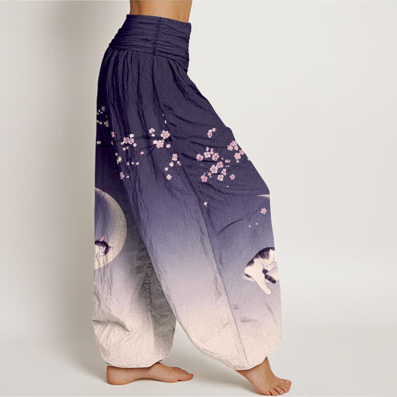 Buddha Stones Haremshose aus Baumwolle mit Sakura-Mondkatzenmuster und elastischem Bund für Damen - image 6