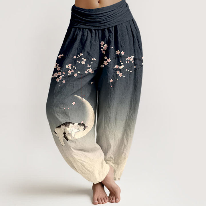 Buddha Stones Haremshose aus Baumwolle mit Sakura-Mondkatzenmuster und elastischem Bund für Damen - Schiefergrau - US16, UK/AU20, EU48 (3XL) - image 8