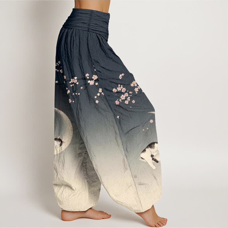 Buddha Stones Haremshose aus Baumwolle mit Sakura-Mondkatzenmuster und elastischem Bund für Damen - image 9