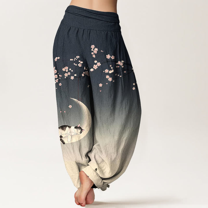 Buddha Stones Haremshose aus Baumwolle mit Sakura-Mondkatzenmuster und elastischem Bund für Damen - image 10