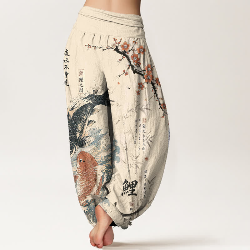 Buddha Stones Baumwoll-Haremshose mit Koi-Fisch-Kalligrafie-Muster und elastischem Bund für Damen - image 2