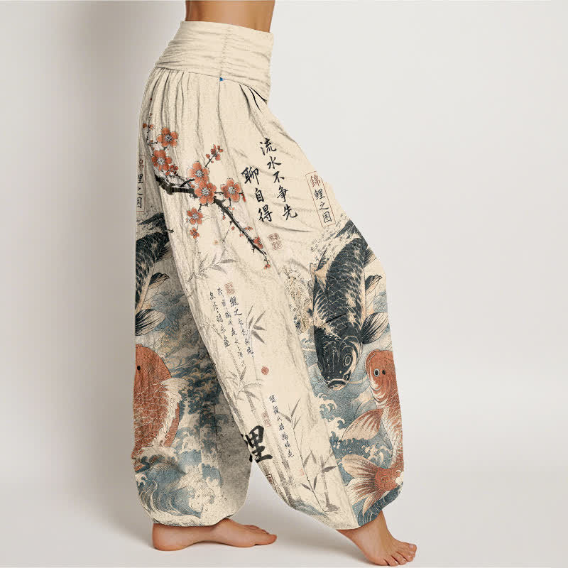 Buddha Stones Baumwoll-Haremshose mit Koi-Fisch-Kalligrafie-Muster und elastischem Bund für Damen - image 1