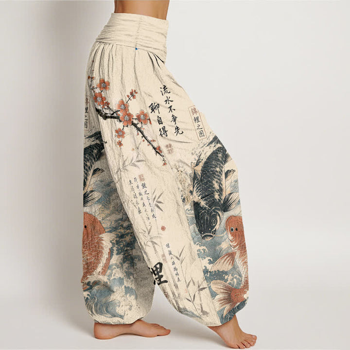 Buddha Stones Baumwoll-Haremshose mit Koi-Fisch-Kalligrafie-Muster und elastischem Bund für Damen - image 1