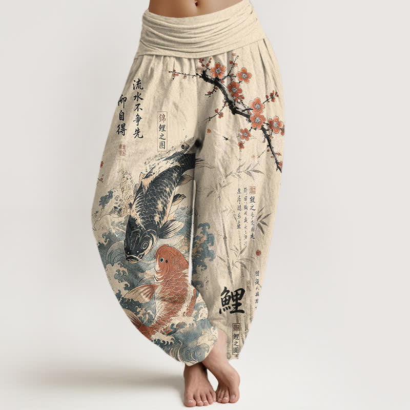 Buddha Stones Baumwoll-Haremshose mit Koi-Fisch-Kalligrafie-Muster und elastischem Bund für Damen - Beige - US16, UK/AU20, EU48 (3XL) - image 0