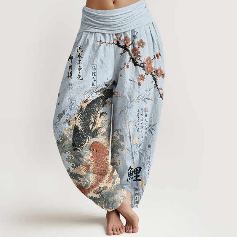 Buddha Stones Baumwoll-Haremshose mit Koi-Fisch-Kalligrafie-Muster und elastischem Bund für Damen - Hellblau - US16, UK/AU20, EU48 (3XL) - image 5