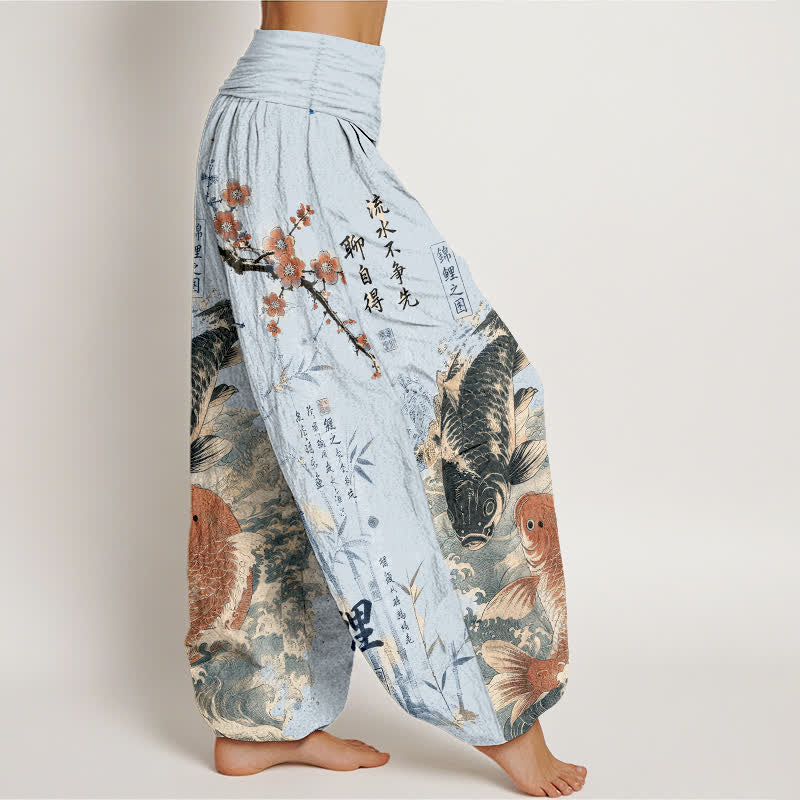 Buddha Stones Baumwoll-Haremshose mit Koi-Fisch-Kalligrafie-Muster und elastischem Bund für Damen - image 6