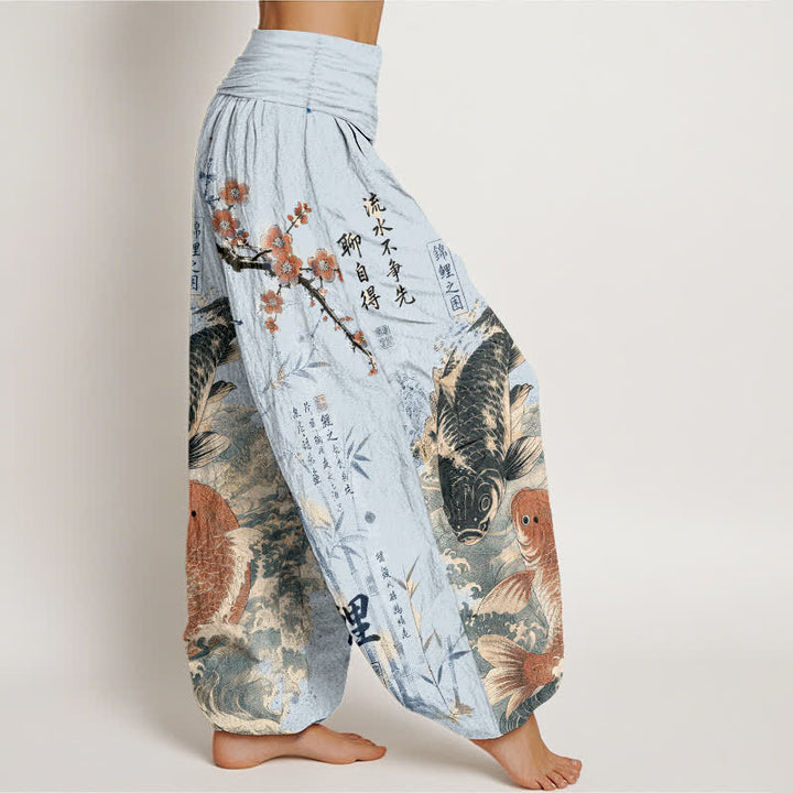 Buddha Stones Baumwoll-Haremshose mit Koi-Fisch-Kalligrafie-Muster und elastischem Bund für Damen - image 6