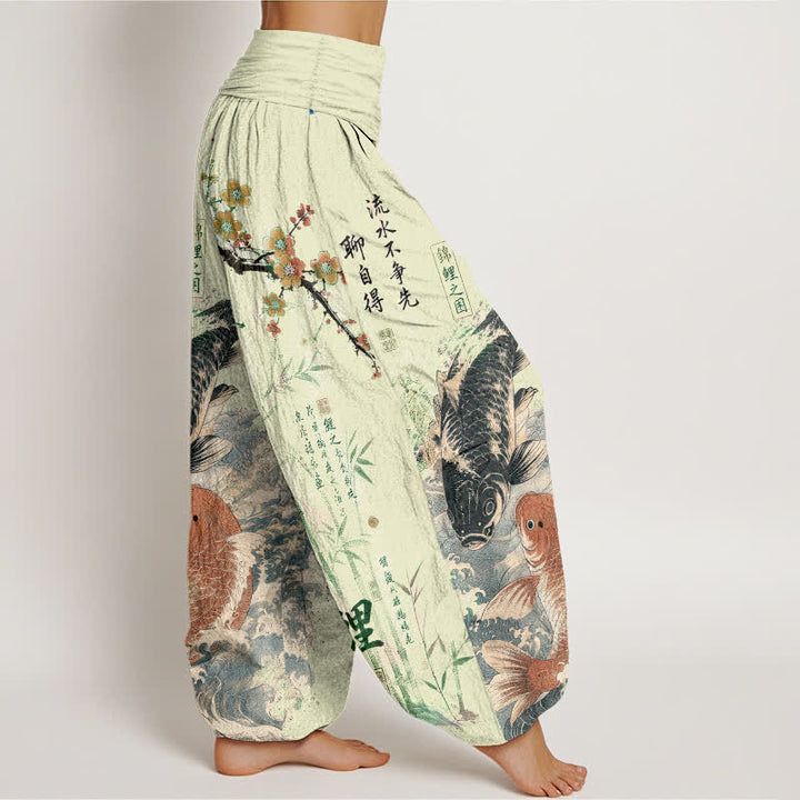 Buddha Stones Baumwoll-Haremshose mit Koi-Fisch-Kalligrafie-Muster und elastischem Bund für Damen - image 9
