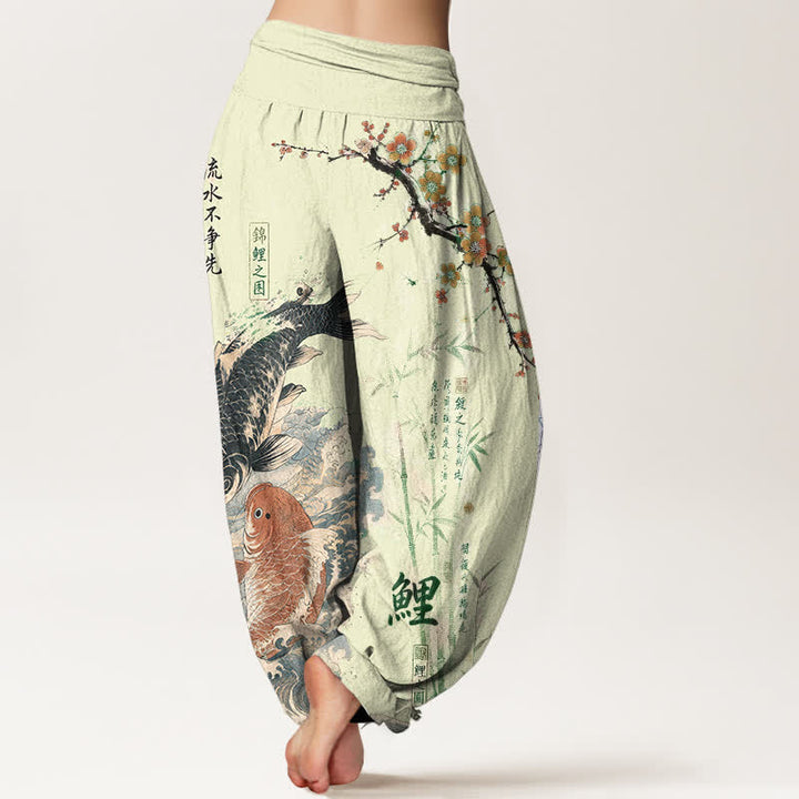 Buddha Stones Baumwoll-Haremshose mit Koi-Fisch-Kalligrafie-Muster und elastischem Bund für Damen - image 10