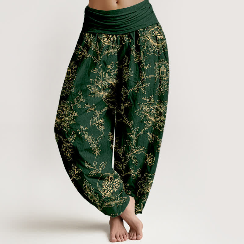 Buddha Stones Haremshose aus Baumwolle mit goldenem Blumenrankenmuster und elastischem Bund für Damen - Dunkelgrün - US16, UK/AU20, EU48 (3XL) - image 0