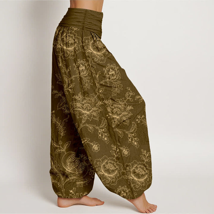 Buddha Stones Haremshose aus Baumwolle mit goldenem Blumenrankenmuster und elastischem Bund für Damen - image 6
