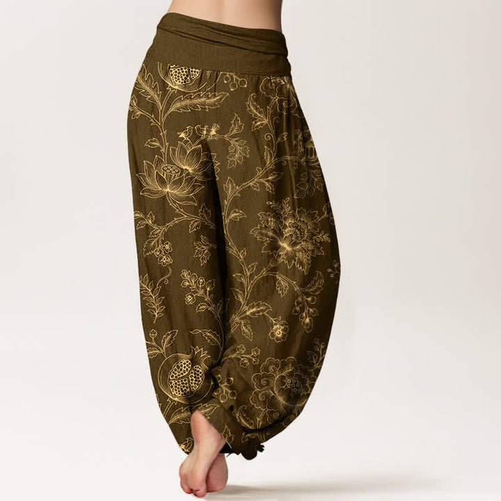 Buddha Stones Haremshose aus Baumwolle mit goldenem Blumenrankenmuster und elastischem Bund für Damen - image 7