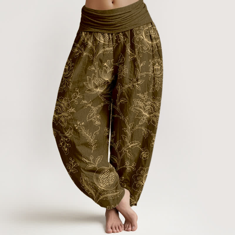Buddha Stones Haremshose aus Baumwolle mit goldenem Blumenrankenmuster und elastischem Bund für Damen - Olive - US16, UK/AU20, EU48 (3XL) - image 5