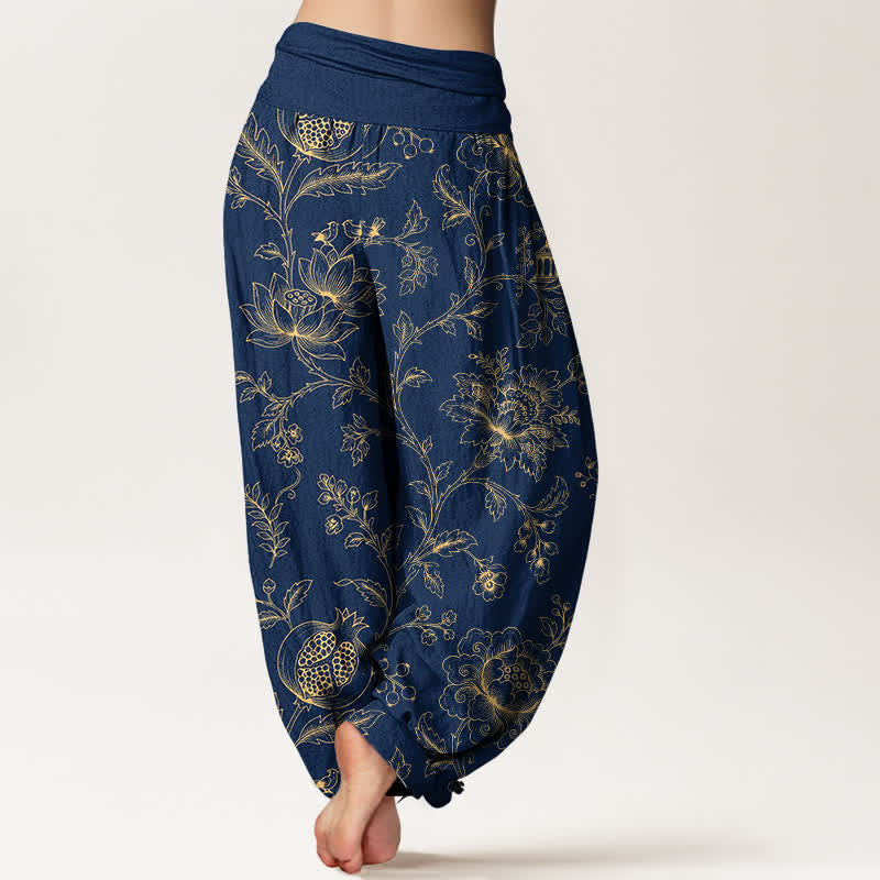 Buddha Stones Haremshose aus Baumwolle mit goldenem Blumenrankenmuster und elastischem Bund für Damen - image 10