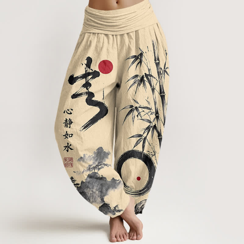 Buddha Stones Baumwoll-Haremshose mit Bambus-Tintenmuster und elastischem Bund - Zitronen-Chiffon - US16, UK/AU20, EU48 (3XL) - image 0