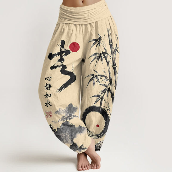 Buddha Stones Baumwoll-Haremshose mit Bambus-Tintenmuster und elastischem Bund - Zitronen-Chiffon - US16, UK/AU20, EU48 (3XL) - image 0