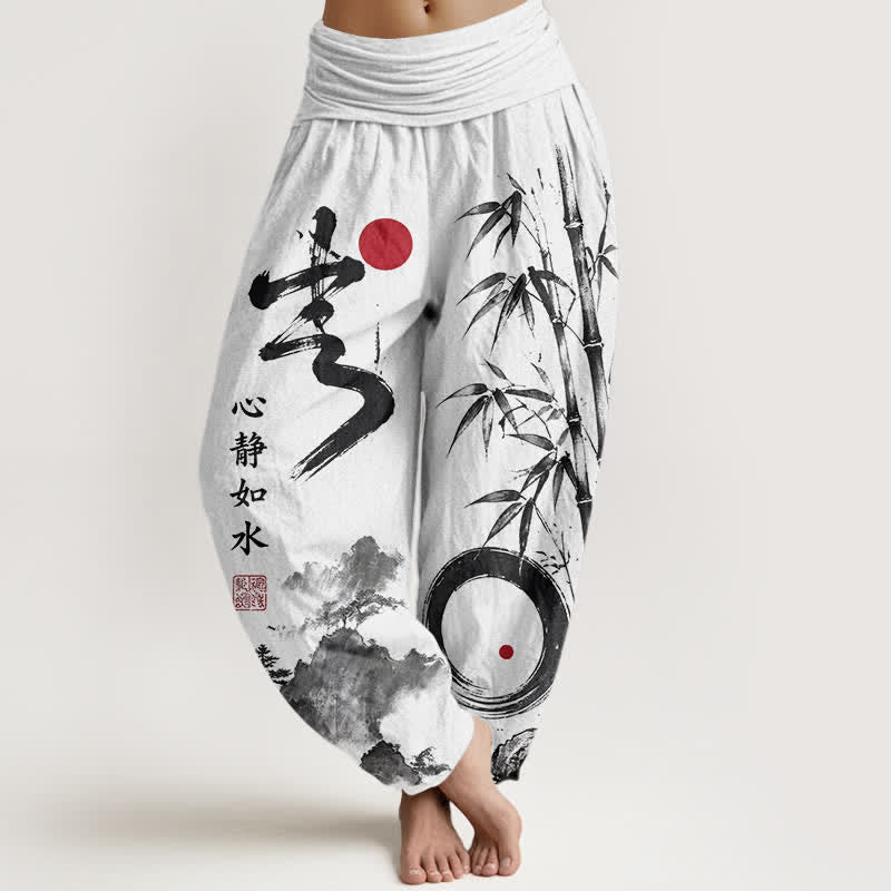Buddha Stones Baumwoll-Haremshose mit Bambus-Tintenmuster und elastischem Bund - Weiß - US16, UK/AU20, EU48 (3XL) - image 5