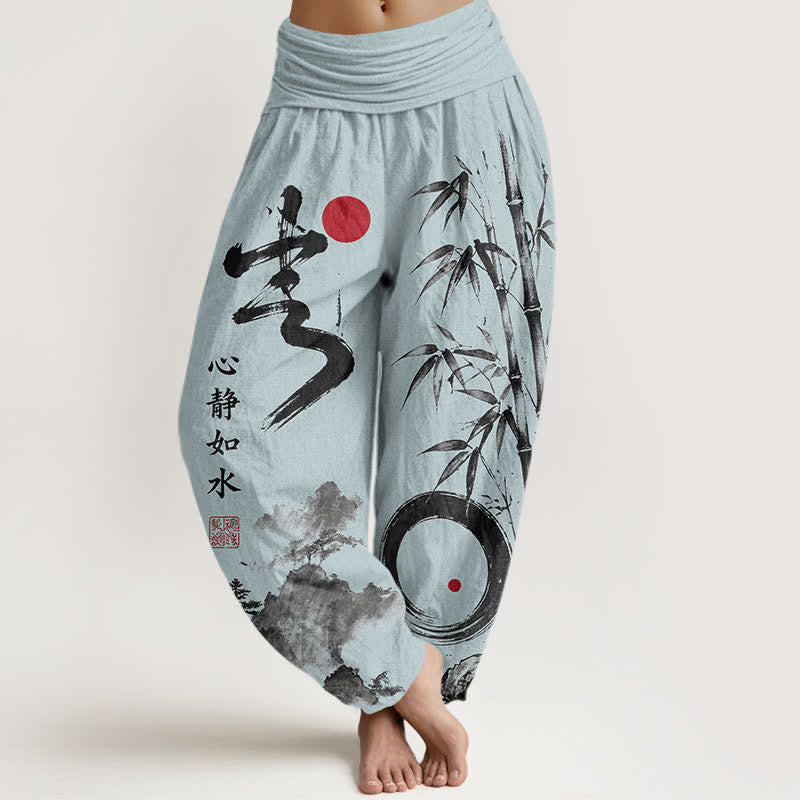 Buddha Stones Baumwoll-Haremshose mit Bambus-Tintenmuster und elastischem Bund - Hellblau - US16, UK/AU20, EU48 (3XL) - image 8