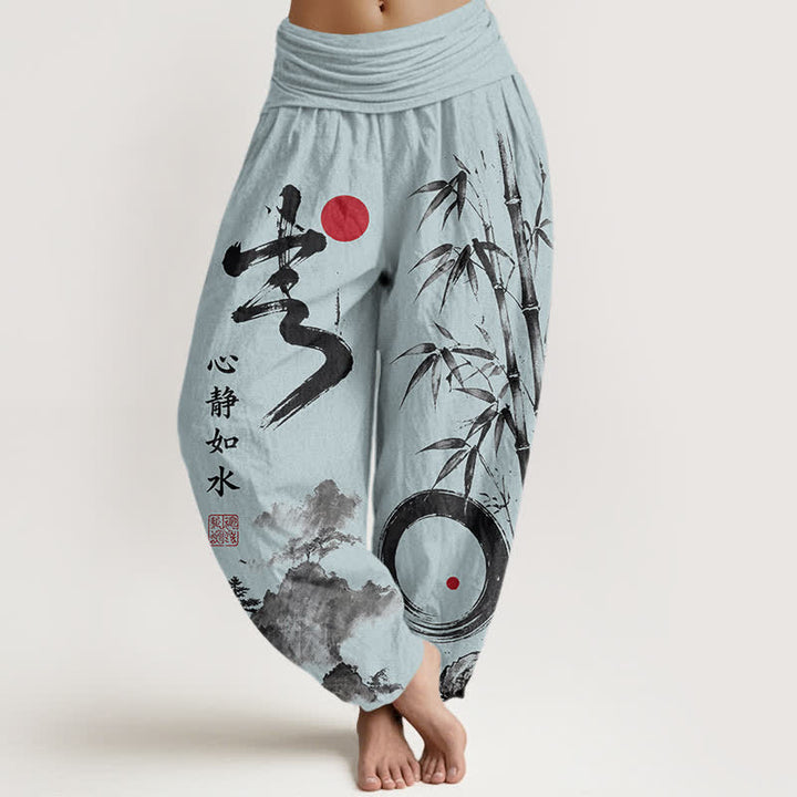 Buddha Stones Baumwoll-Haremshose mit Bambus-Tintenmuster und elastischem Bund - Hellblau - US16, UK/AU20, EU48 (3XL) - image 8