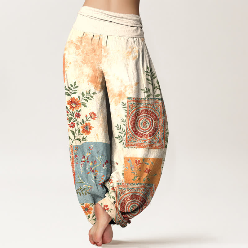 Buddha Stones Baumwoll-Haremshose mit floralem Patchwork-Muster im Bohème-Stil und elastischem Bund für Damen - image 2