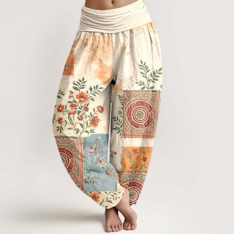Buddha Stones Baumwoll-Haremshose mit floralem Patchwork-Muster im Bohème-Stil und elastischem Bund für Damen - Elfenbein - US16, UK/AU20, EU48 (3XL) - image 0