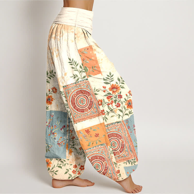 Buddha Stones Baumwoll-Haremshose mit floralem Patchwork-Muster im Bohème-Stil und elastischem Bund für Damen - image 1