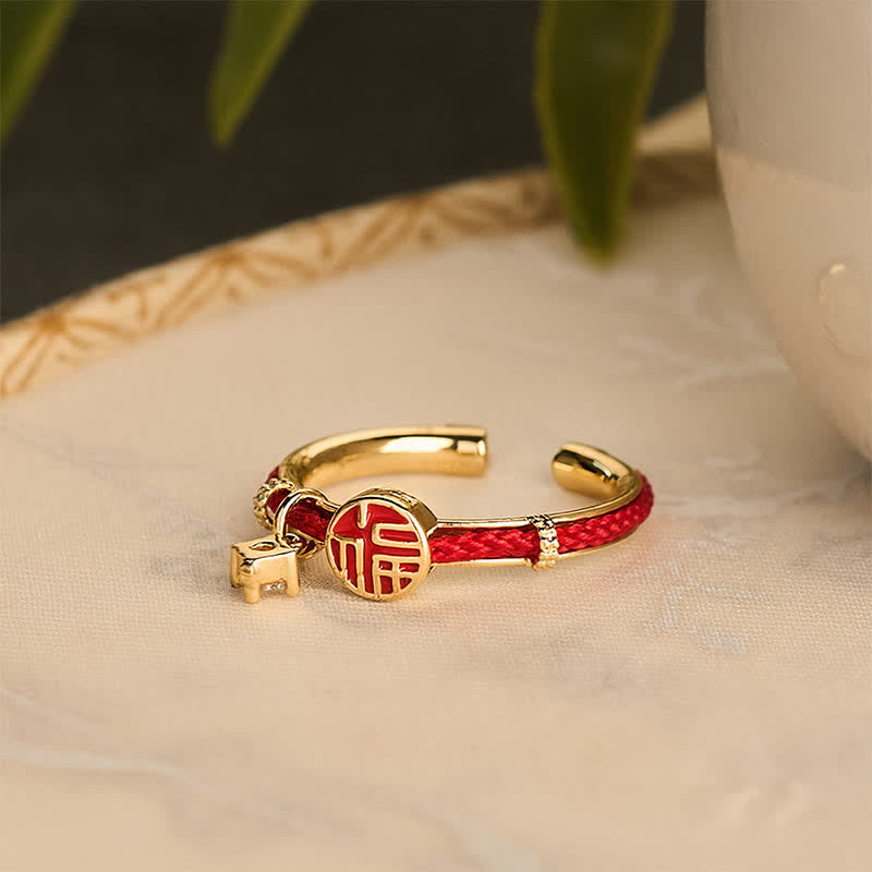 Buddha Stones Roter runder Ring mit Fu-Symbol für Glückszeichen - image 5