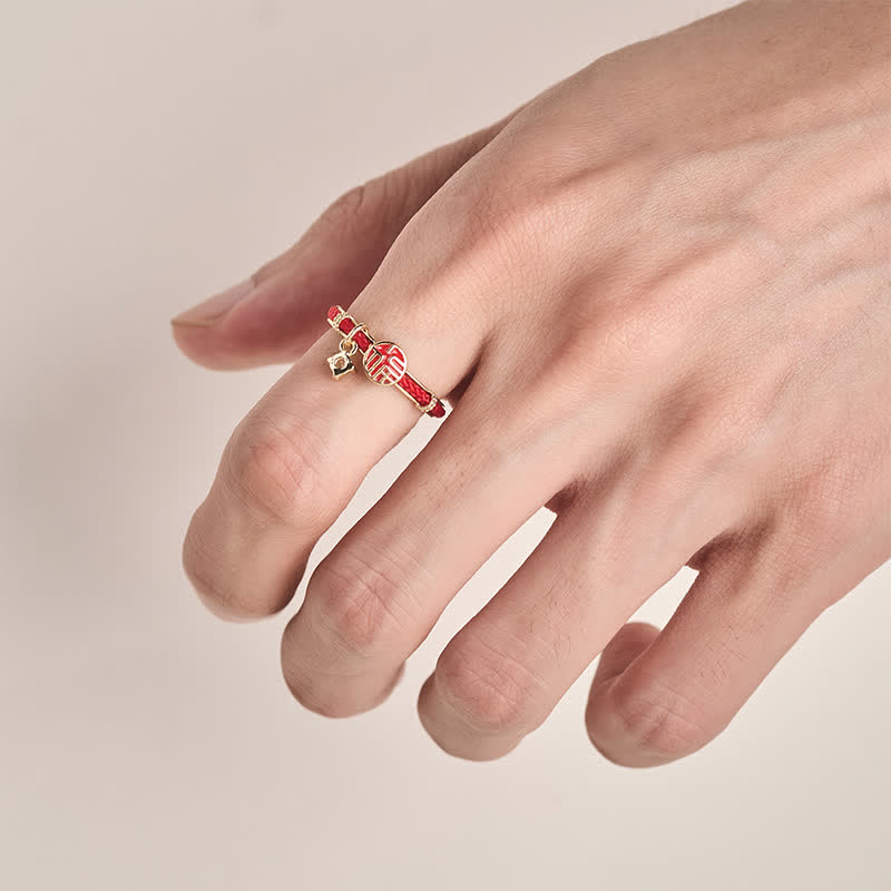 Buddha Stones Roter runder Ring mit Fu-Symbol für Glückszeichen - image 4