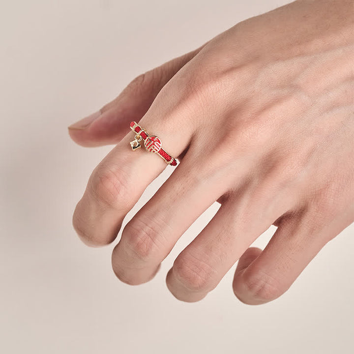 Buddha Stones Roter runder Ring mit Fu-Symbol für Glückszeichen - image 4