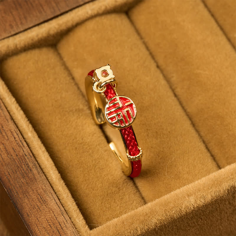 Buddha Stones Roter runder Ring mit Fu-Symbol für Glückszeichen - image 1