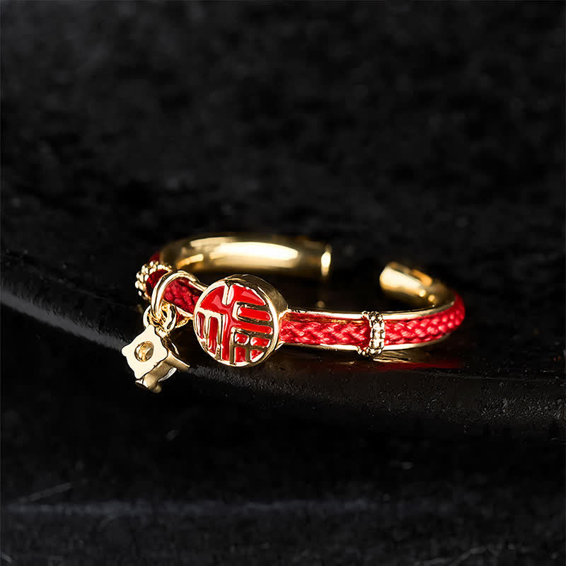 Buddha Stones Roter runder Ring mit Fu-Symbol für Glückszeichen - image 3
