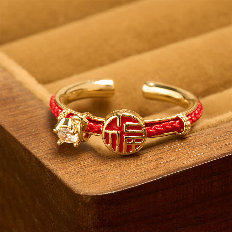 Buddha Stones Roter runder Ring mit Fu-Symbol für Glückszeichen - Goldring (US8) - image 0