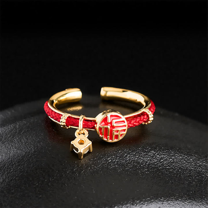Buddha Stones Roter runder Ring mit Fu-Symbol für Glückszeichen - image 2