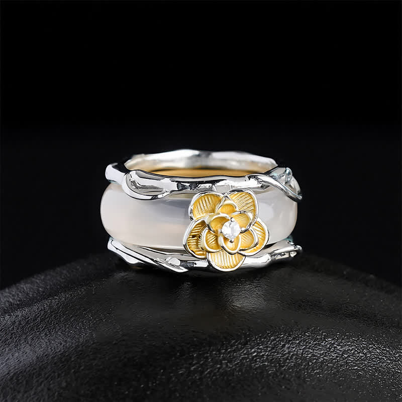 Buddha Stones Honiggelber Chalcedon-Osmanthus-Ring mit doppelter Wirkung – ein wahrer Positivitätsring - Doppeltragering (US8 verstellbar) - image 0