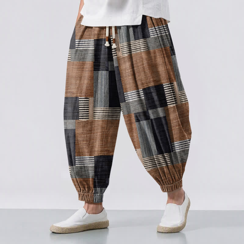 Buddha Stones Herren-Haremshose aus reiner Baumwolle mit Patchwork-Karo-Streifenmuster, Kordelzug und Taschen - Peru - US/UK/AU50, EU60 (5XL) - image 0