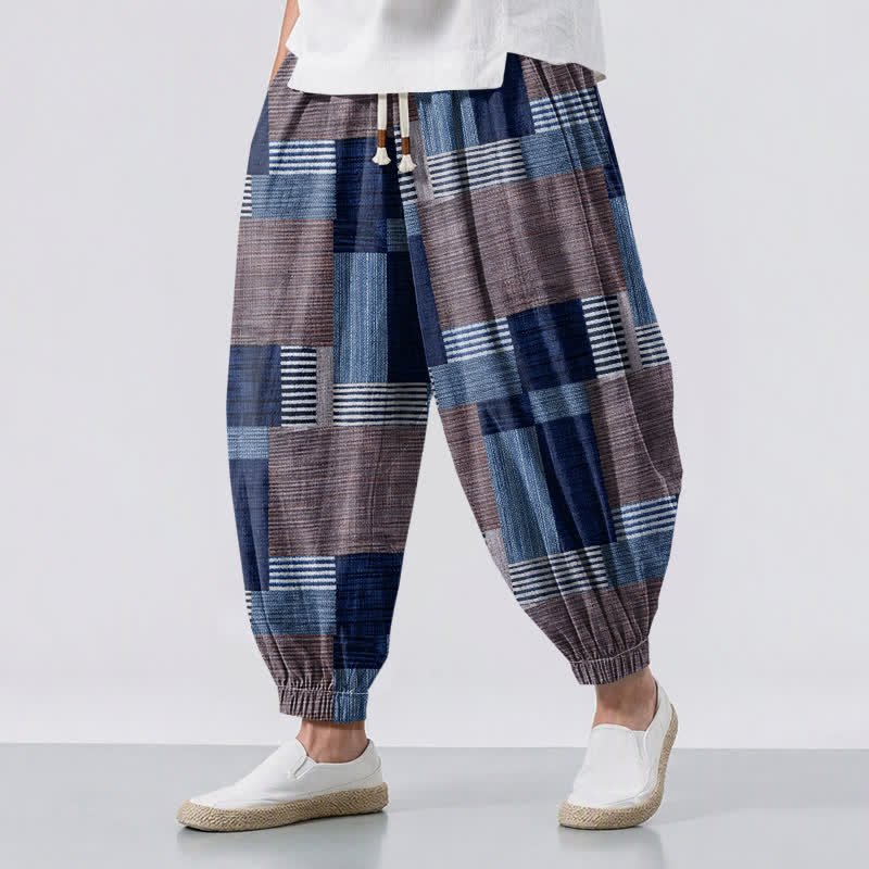 Buddha Stones Herren-Haremshose aus reiner Baumwolle mit Patchwork-Karo-Streifenmuster, Kordelzug und Taschen - Marine - US/UK/AU50, EU60 (5XL) - image 6