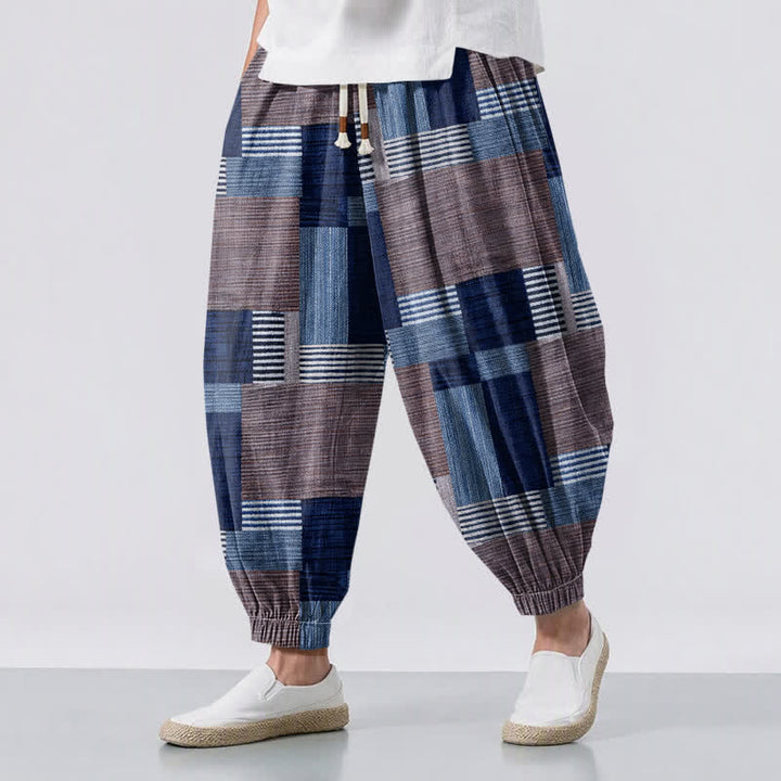 Buddha Stones Herren-Haremshose aus reiner Baumwolle mit Patchwork-Karo-Streifenmuster, Kordelzug und Taschen - Marine - US/UK/AU50, EU60 (5XL) - image 6