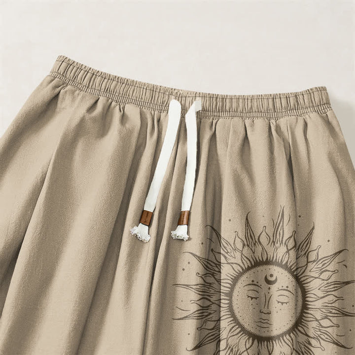 Buddha Stones Herren-Haremshose aus reiner Baumwolle mit Sonnengesicht-Muster, Kordelzug und Taschen - image 3